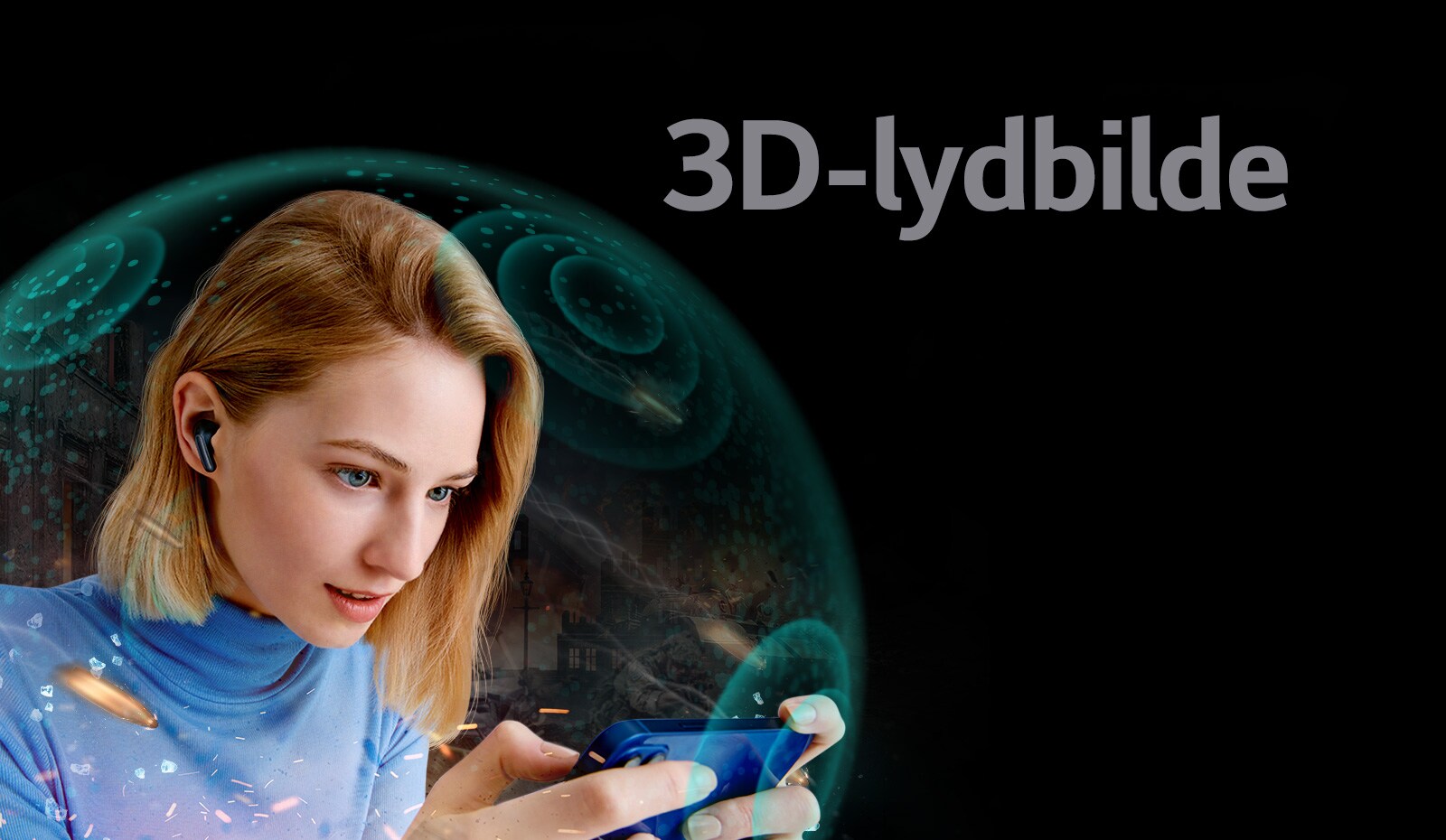 En gjennomsiktig barriere omgir en kvinne som ser på en film på telefonen sin iført TONE Free, og setningen 3D-lydbilde er på toppen av den.