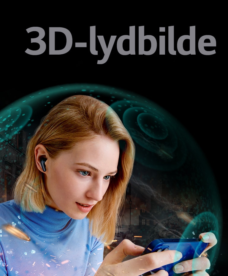 En gjennomsiktig barriere omgir en kvinne som ser på en film på telefonen sin iført TONE Free, og setningen 3D-lydbilde er på toppen av den.