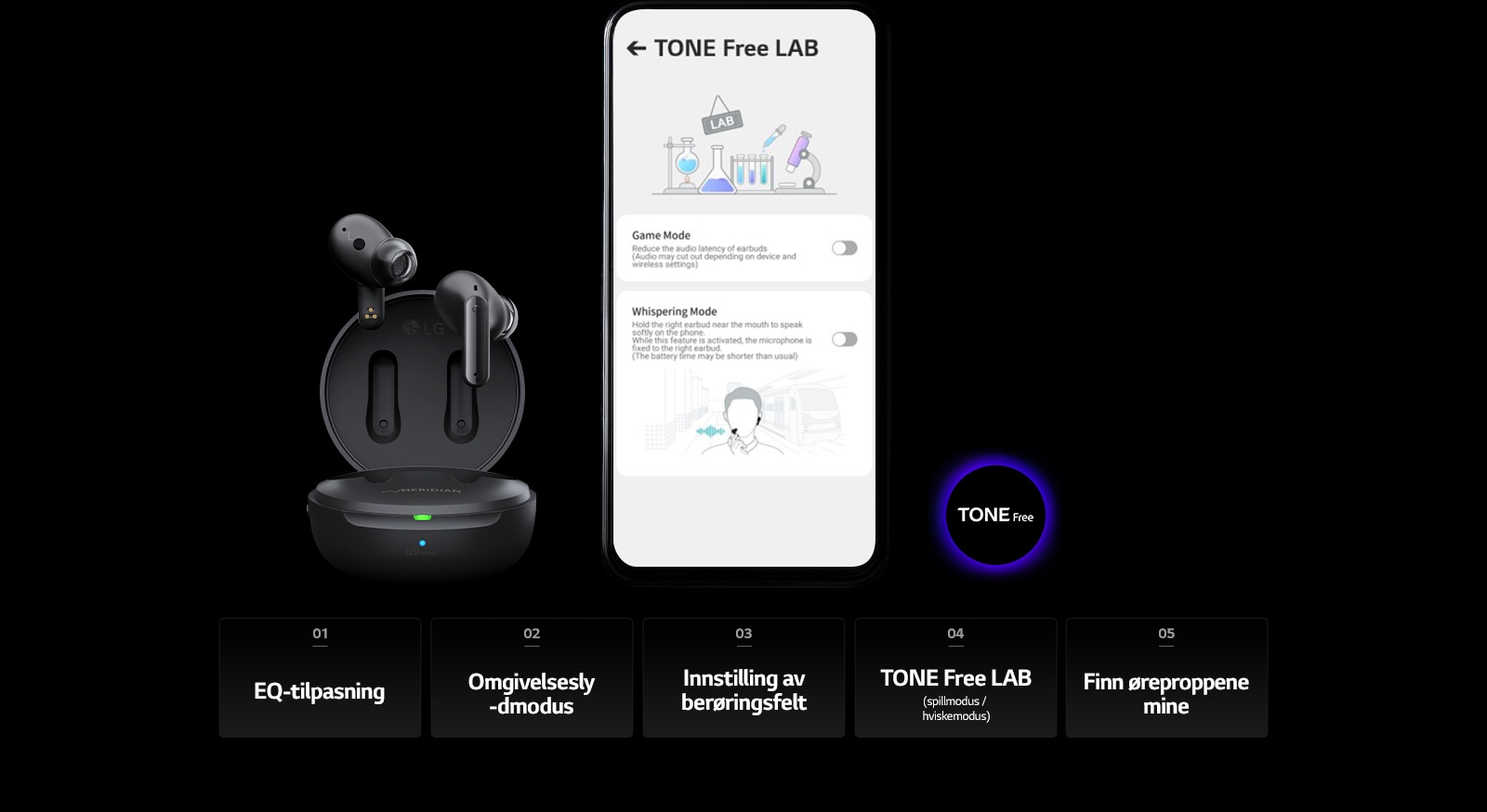 Et bilde av TONE Free LAB-skjermen på mobiltelefonen og TONE Free-produktet plassert ved siden av den.