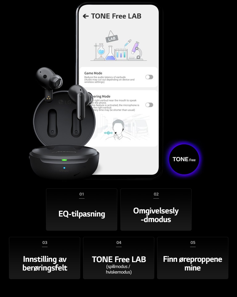 Et bilde av TONE Free LAB-skjermen på mobiltelefonen og TONE Free-produktet plassert ved siden av den.
