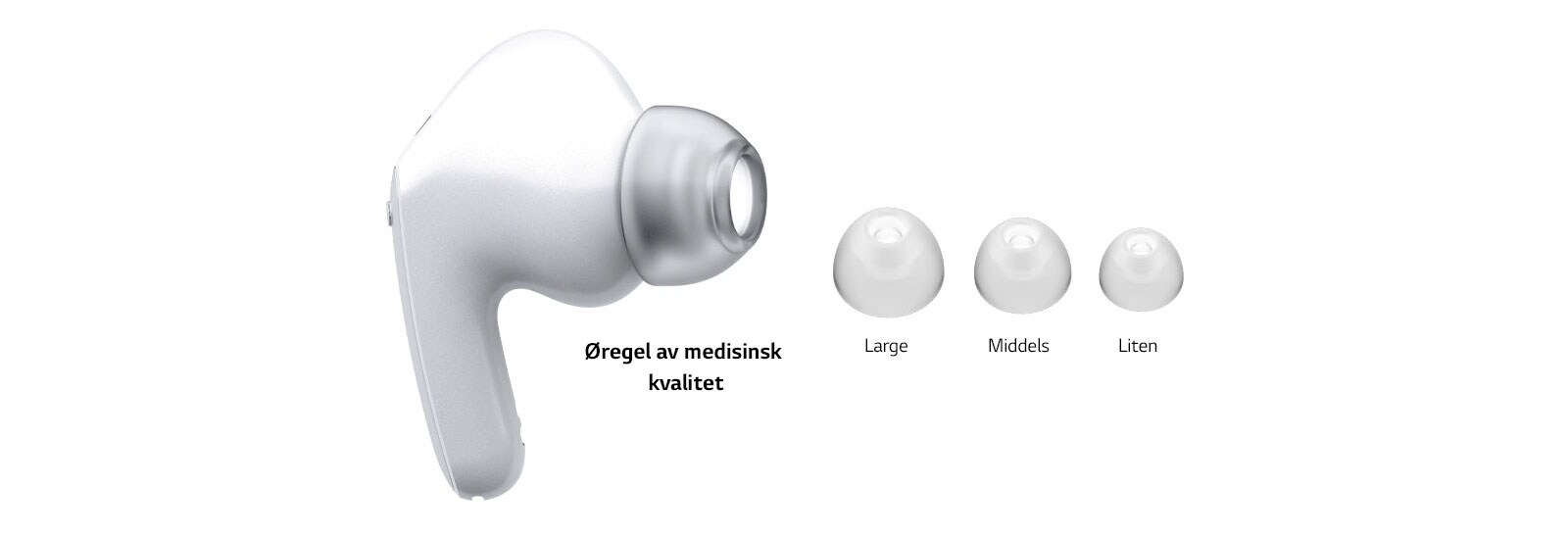 Et bilde av en hvit ørepropp og to sett med tre ulike størrelser(Large, Medium, Small) øregeler.