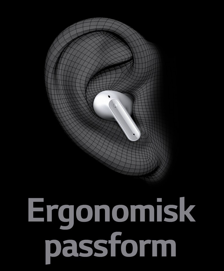 Et bilde av TONE Free på et øre formet i 3D. Nedenfor er det skrevet ordet Ergonomisk passform.