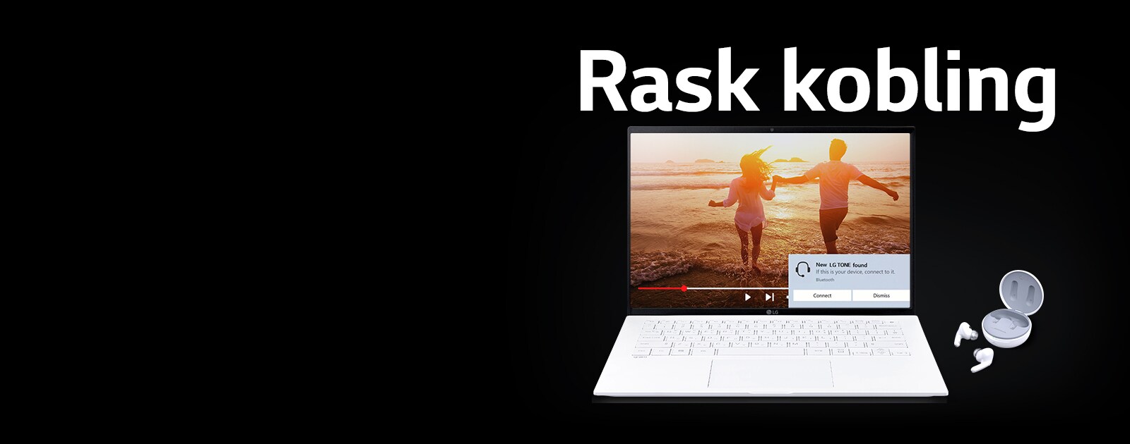 Et bilde av en bærbar datamaskin og TONE Free plassert under uttrykket “rask kobling”, og koblingsvarsel slått på på den åpne bærbare skjermen.