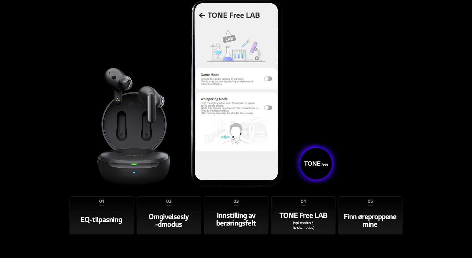 Et bilde av TONE Free LAB-skjermen på mobiltelefonen og TONE Free-produktet plassert ved siden av den.