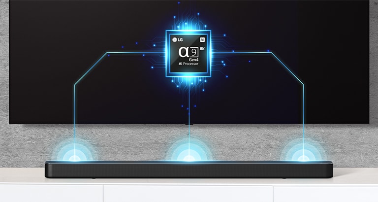 Det er et bilde av Alpha 9 gruppe på TV og det er en lydplanke like under. Det er også lydbølgeeffekt som kommer ut av lydplanken.