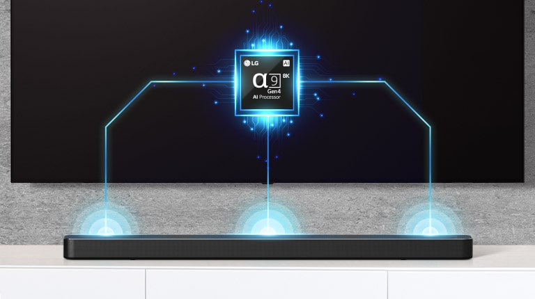 Det er et bilde av Alpha 9 gruppe på TV og det er en lydplanke like under. Det er også lydbølgeeffekt som kommer ut av lydplanken.