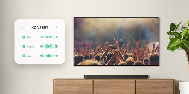 TVen er på veggen. TV viser mennesker som klapper på en konsert, kanalen byttes til en filmscene med en bil som kjører i en skog, kanalen byttes nok en gang, nå til nyheter med en nyhetsanker som snakker. LG Lydplanke er like under TV på en beige hylle. (spill av videoen)