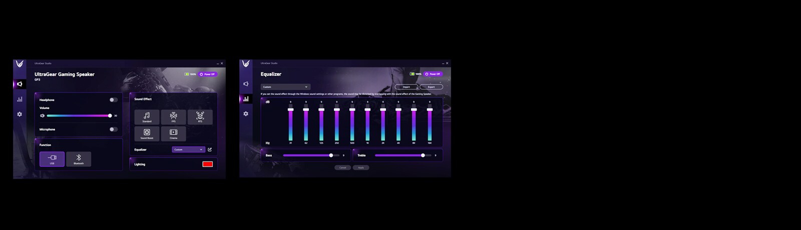 To skjermbilder av LG UltraGear Gaming Speaker-appen. Det første bildet viser at du kan endre volum og lydeffekt, og det andre viser at du kan tilpasse equalizeren.