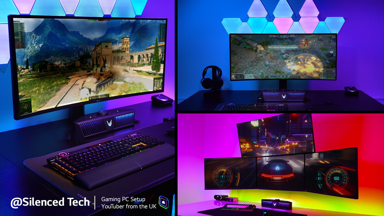En montasje av tre bilder av et gaming-oppsett på et bord – (visning fra venstre side av en monitor og en gaming-høyttaler med World of Tanks RTS på skjermen, visning forfra av en monitor og en gaming-høyttaler med World of Warships RPG på skjermen, visning fra høyre side av flere monitorer og en gaming-høyttaler med bilspillet Project Cars på skjermen)