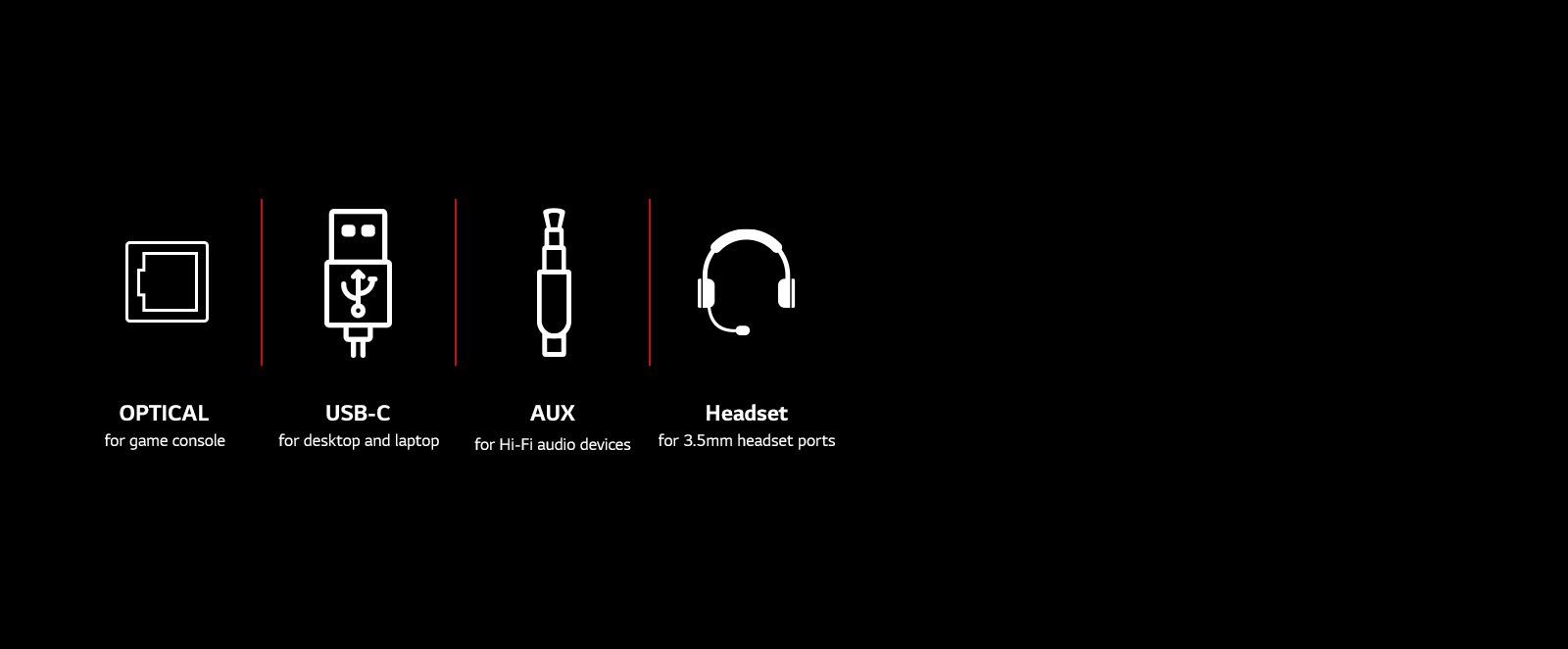 En samling av piktogrammer av optisk tilkobling, USB-C, AUX-kabel og hodetelefon. Under hvert piktogramikon vises det tekst der det står “Optisk for spillkonsoll, USB-C for stasjonær og bærbar datamaskin, AUX for Hi-Fi-lydenheter og hodetelefon for 3,5 mm hodetelefonutganger”.