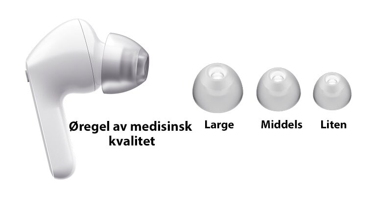 Bilde av hvite ørepropper og et sett med tre størrelser av øregel: Large, middels og liten.