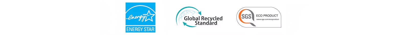 Fra venstre vises: ENERGY STAR (logo), Global Recycled Standard (logo), SGS ECO PRODUCT (logo).