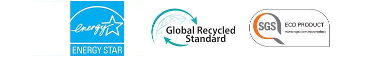 Fra venstre vises: ENERGY STAR (logo), Global Recycled Standard (logo), SGS ECO PRODUCT (logo).
