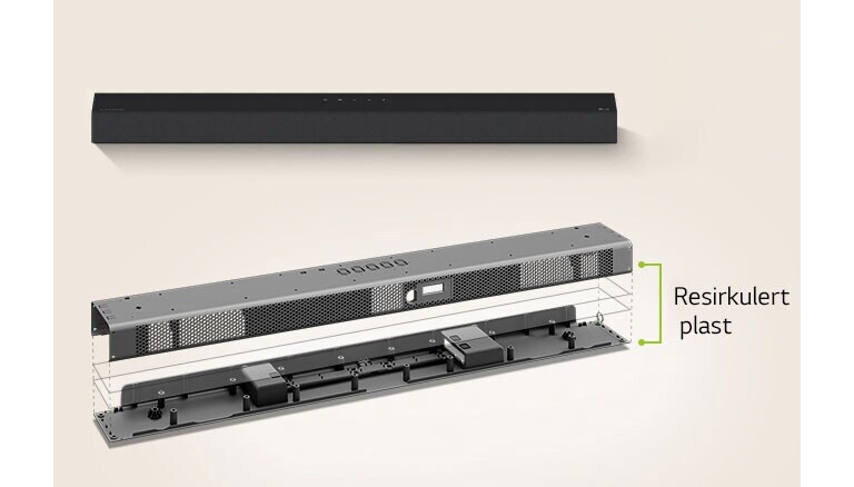 Visning forfra av en lydplanke bakerst, og et metallrammebilde av lydplanken i front.