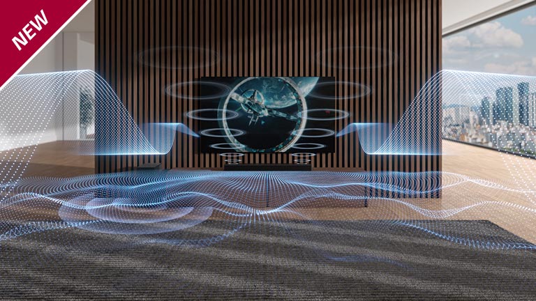 Ulike blåfargede lydbølger slippes ut fra lydplanken og TV-en. NYTT merke vises oppe i venstre hjørne.