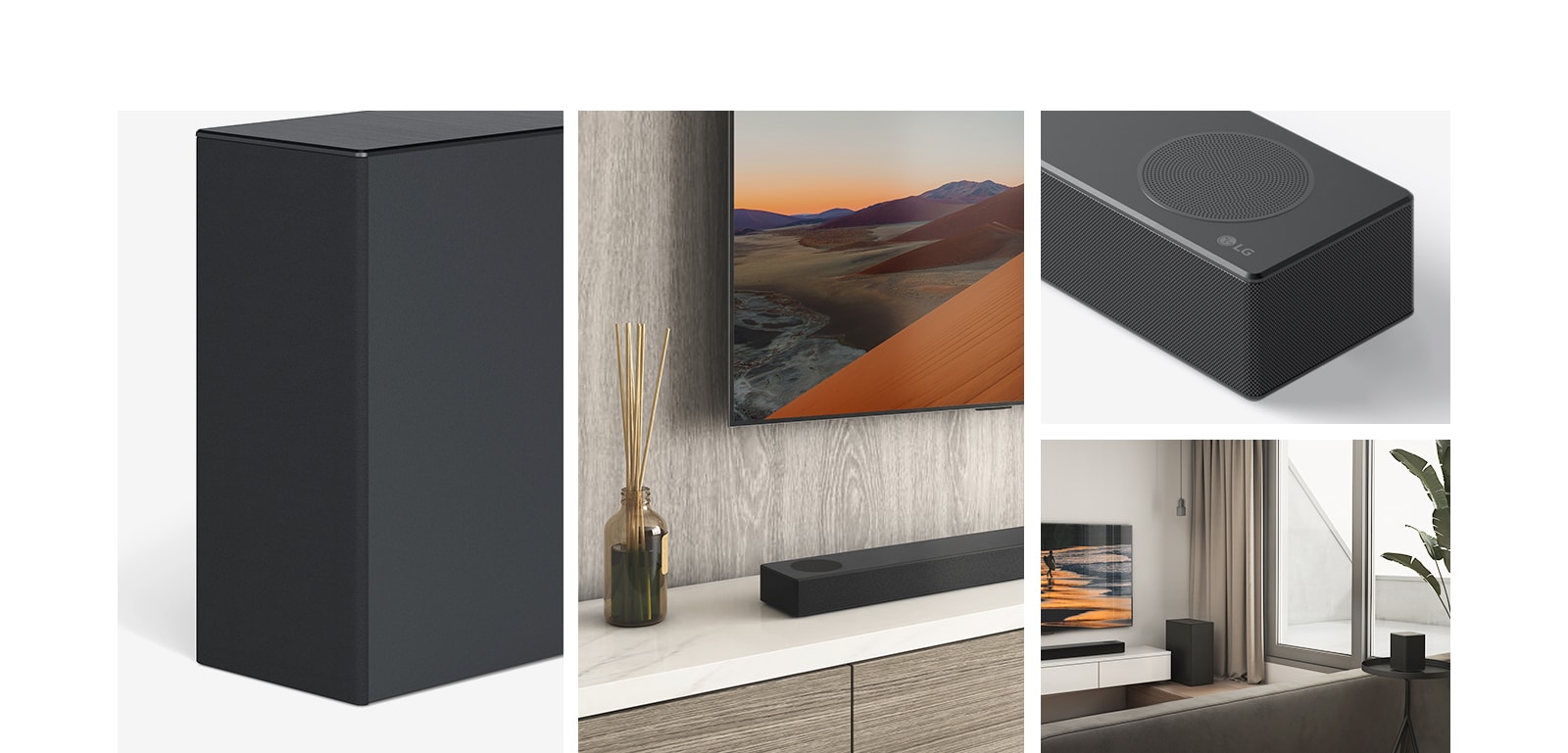 Fra venstre, et bilde av bakhøyttaleren, nærbilde av LG-TV-en som viser fjellet på skjermen og LG-lydplanken nedenfor. På høyre side, med klokken fra topp til bunn: nærbilde av en LG-lydplanke. LG-TV som viser en strand i solnedgang, LG-lydplanke og bakhøyttaler plassert i stua.