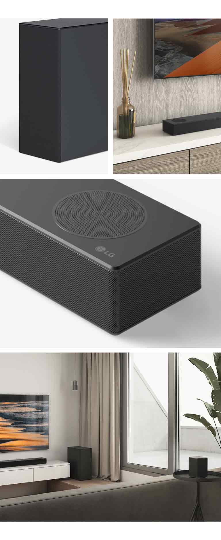 Fra venstre, et bilde av bakhøyttaleren, nærbilde av LG-TV-en som viser fjellet på skjermen og LG-lydplanken nedenfor. På høyre side, med klokken fra topp til bunn: nærbilde av en LG-lydplanke. LG-TV som viser en strand i solnedgang, LG-lydplanke og bakhøyttaler plassert i stua.