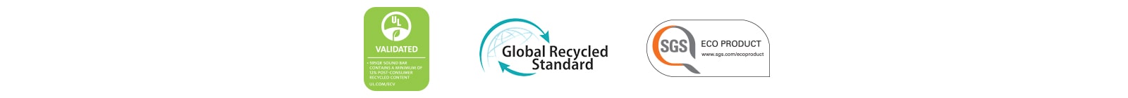 Fra venstre vises: UL VALIDATED (logo). Global Recycled Standard (logo), SGS ECO PRODUCT (logo).