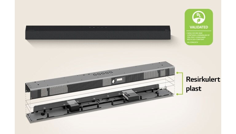 Visning forfra av en lydplanke bakerst, og et metallrammebilde av lydplanken i front.