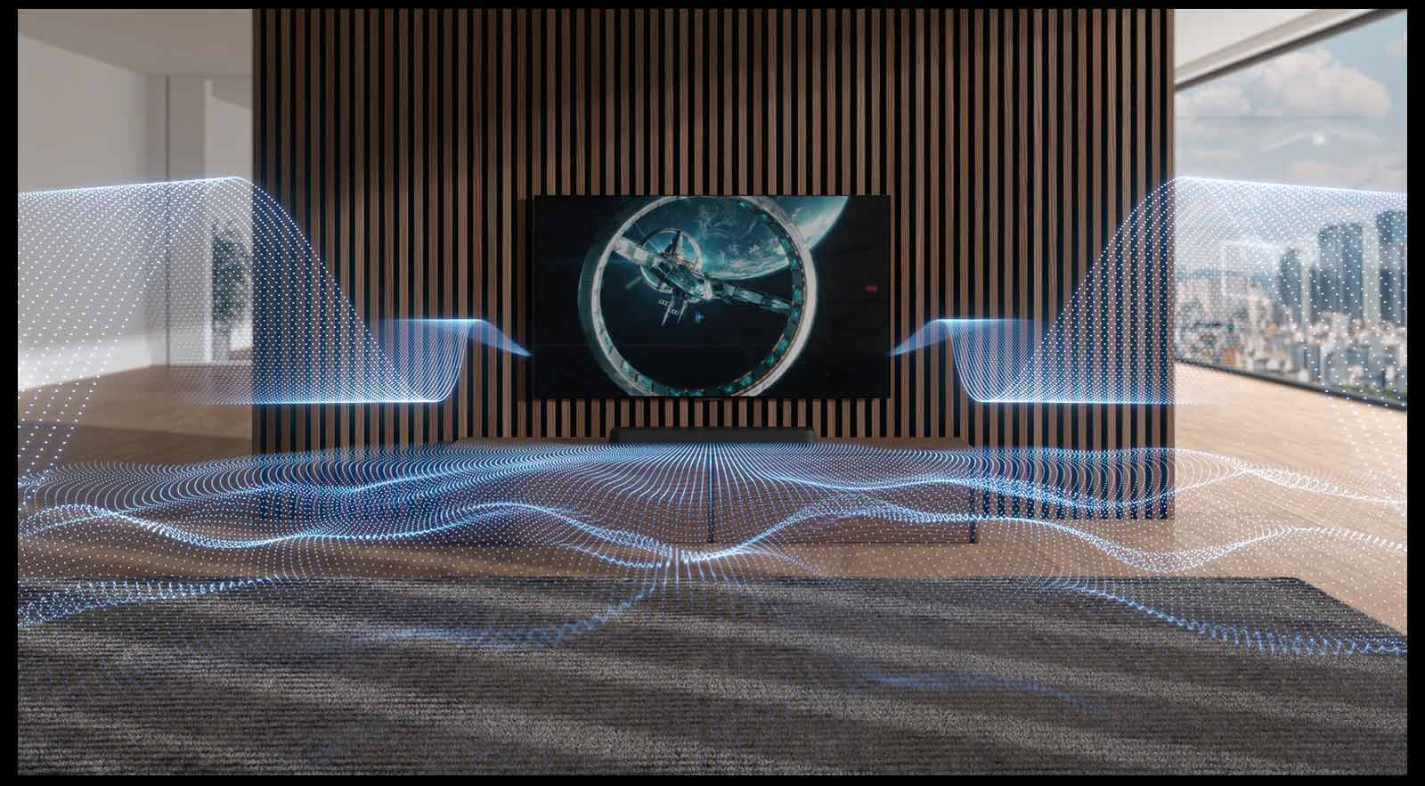 Ulike blåfargede lydbølger slippes ut fra lydplanken og TV-en.