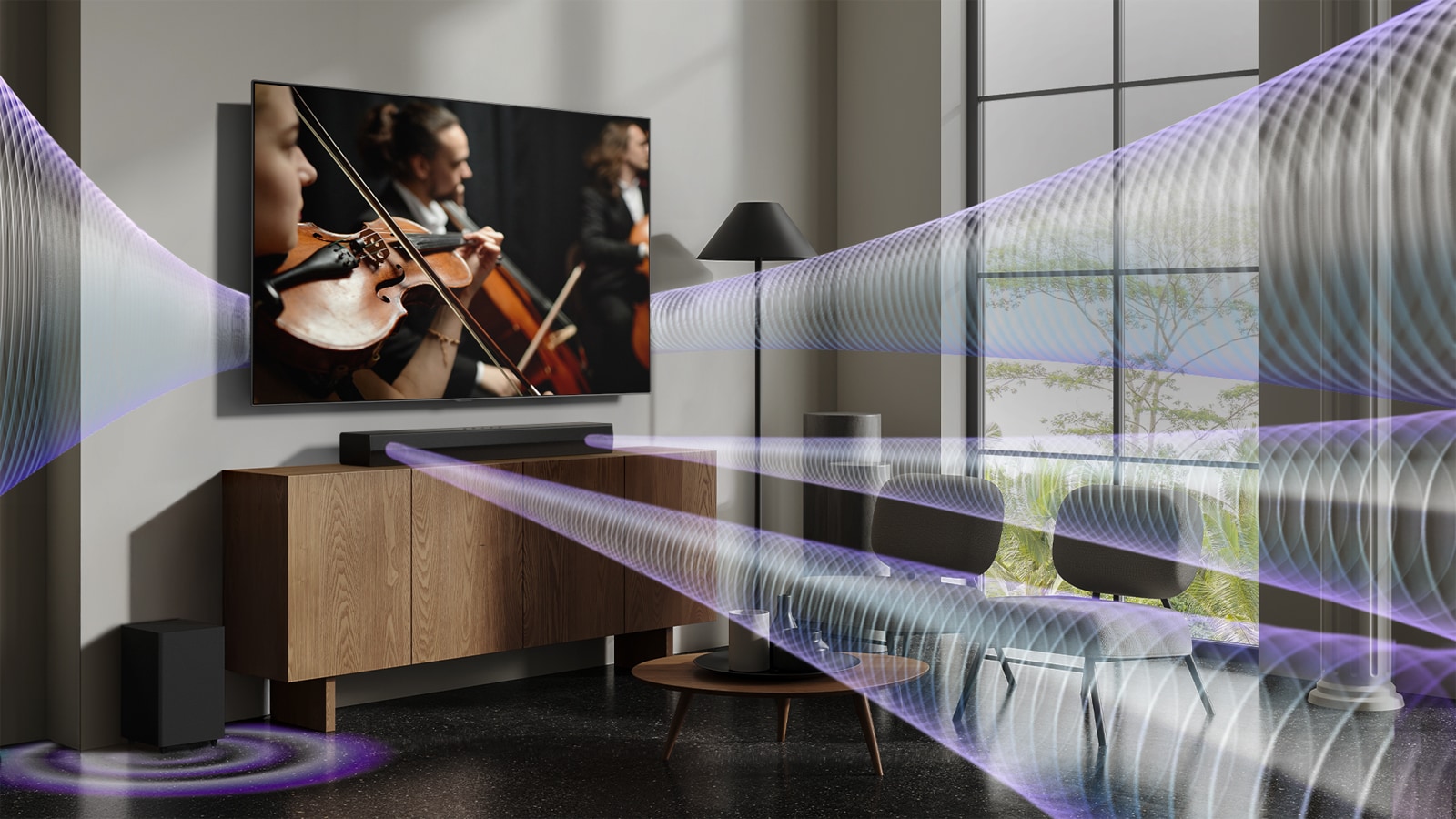 Fiolinkonsert spilles på LG TV-en som henger på veggen. Virtuell lydeffekt kommer samtidig fra LG TV-en og LG Soundbar S30A, og viser hvordan WOW Orchestra skapes.	