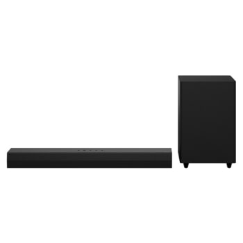Visning forfra av soundbar og subwoofer