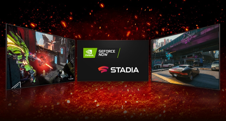 Tre TV-apparater vises. TV-en i midten er vendt forover, hvor NVIDIA GeForce NOW-logo og Stadia-logo vises på skjermen. På TV-en til venstre vises bilder fra Splitgate, og på TV-en til høyre vises bilder fra Cyberpunk 2077.