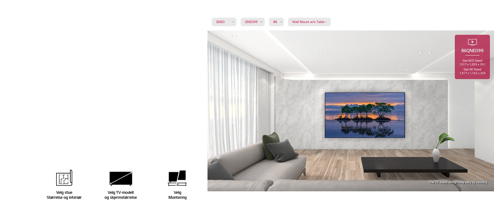 En stor flatskjerm-TV montert mot en grå vegg omgitt av moderne grå og svarte omgivelser. Skjermen viser tre trær speilet i vann i et solnedgangsbilde.