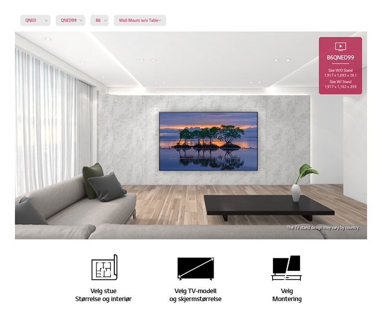 En stor flatskjerm-TV montert mot en grå vegg omgitt av moderne grå og svarte omgivelser. Skjermen viser tre trær speilet i vann i et solnedgangsbilde.