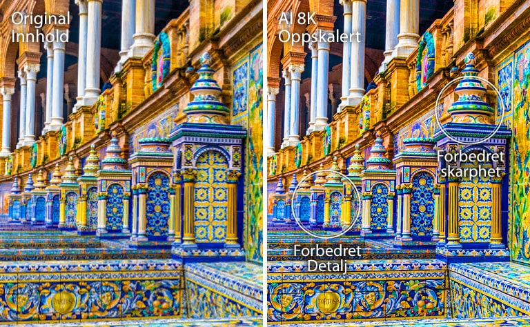 Bilder side ved side av en lysfarget mosaikkbygning. Venstre side viser originalen, og høyre side viser bildet etter AI 8K-oppskalering med forbedrede detaljer og skarphet.