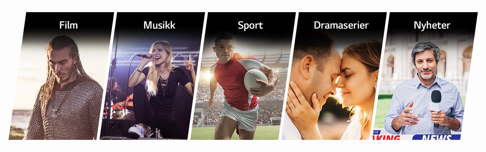 Fem vertikale tittelkort for Film, Musikk, Sport, Drama og Nyheter