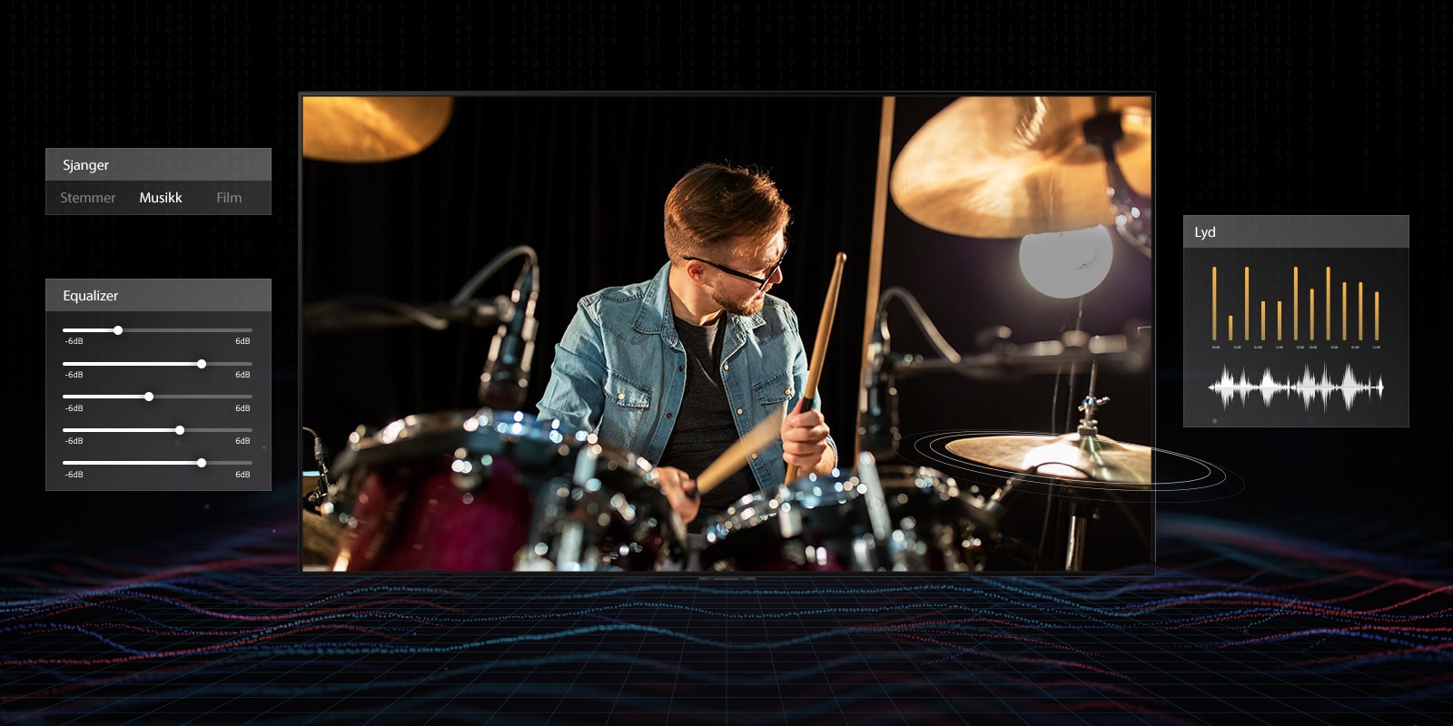 En mann med briller spiller trommer med musikk, dashbord-grafikk på begge sider