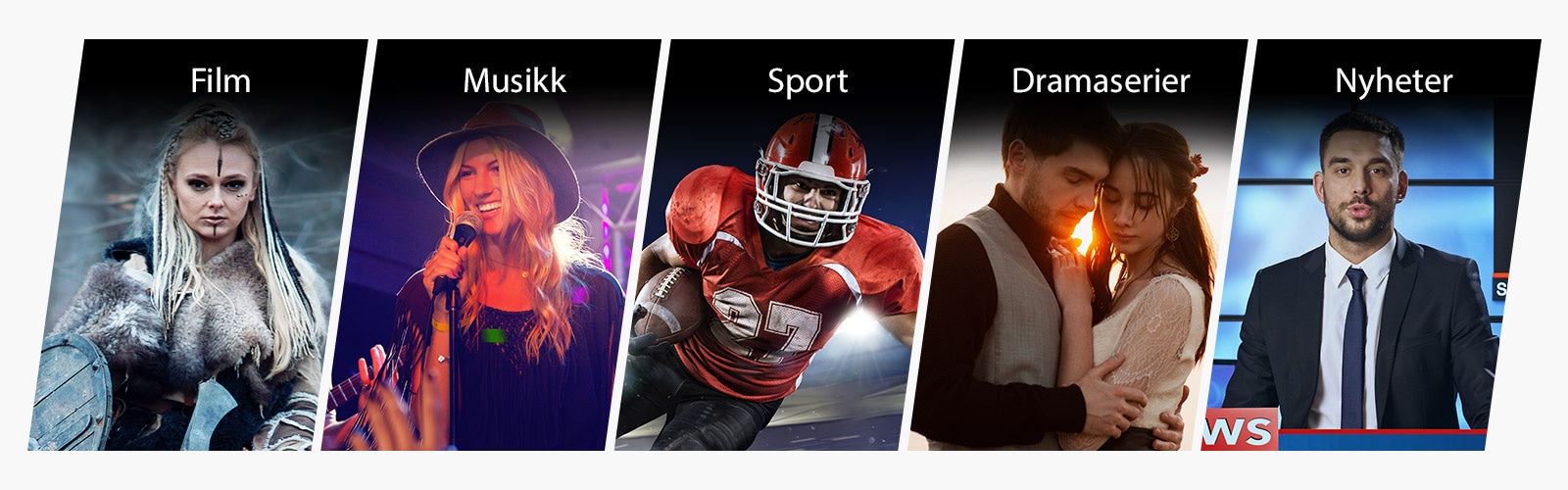 Fem vertikale tittelkort for Film, Musikk, Sport, Drama og Nyheter