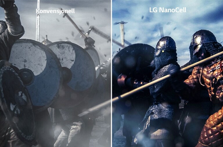 Kampscene på film delt på midten. Venstre viser en konvensjonell TV med dempede farger, høyre viser klarere, mer detaljert bilde som du får på LG NanoCell-TV.