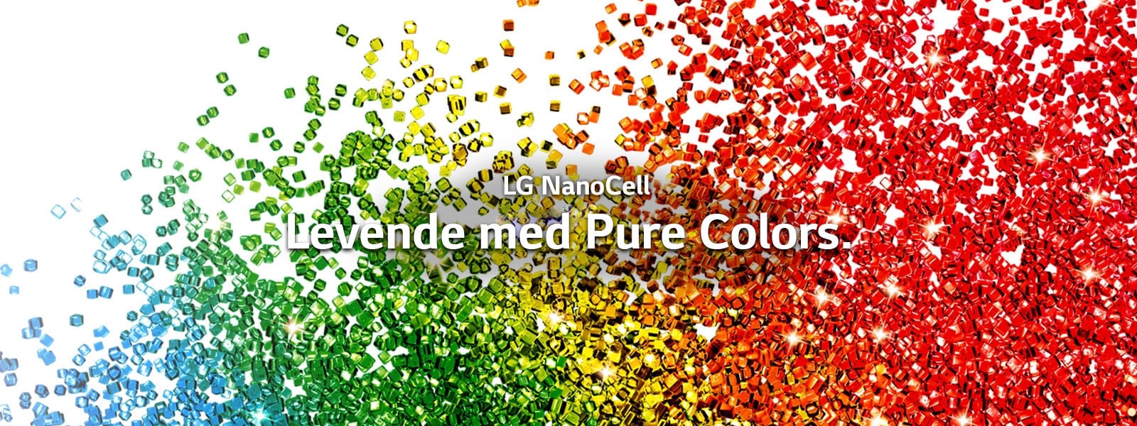 En skjerm fylt med partikler i livlige farger som spruter opp foran en hvit bakgrunn.