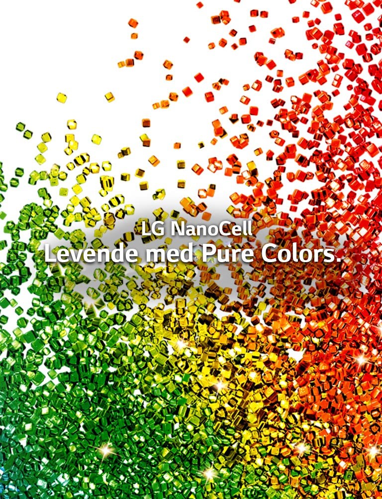 En skjerm fylt med partikler i livlige farger som spruter opp foran en hvit bakgrunn.