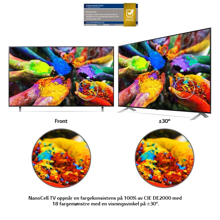 To LG NanoCell TVer side om side viser et bilde av hender som holder flerfargede fargestoffpartikler i front på en visningsvinkel utenfor senteret. Bildet forblir levende og nøyaktig fra begge vinkler.