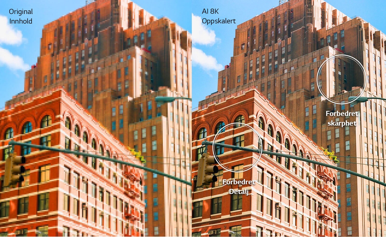 Side om side bilde av røde mursteinsbygninger. Bildet til høyre er skarpere og tydeligere, og viser hvordan bildet ville forbedres med AI 8K-oppskalering.