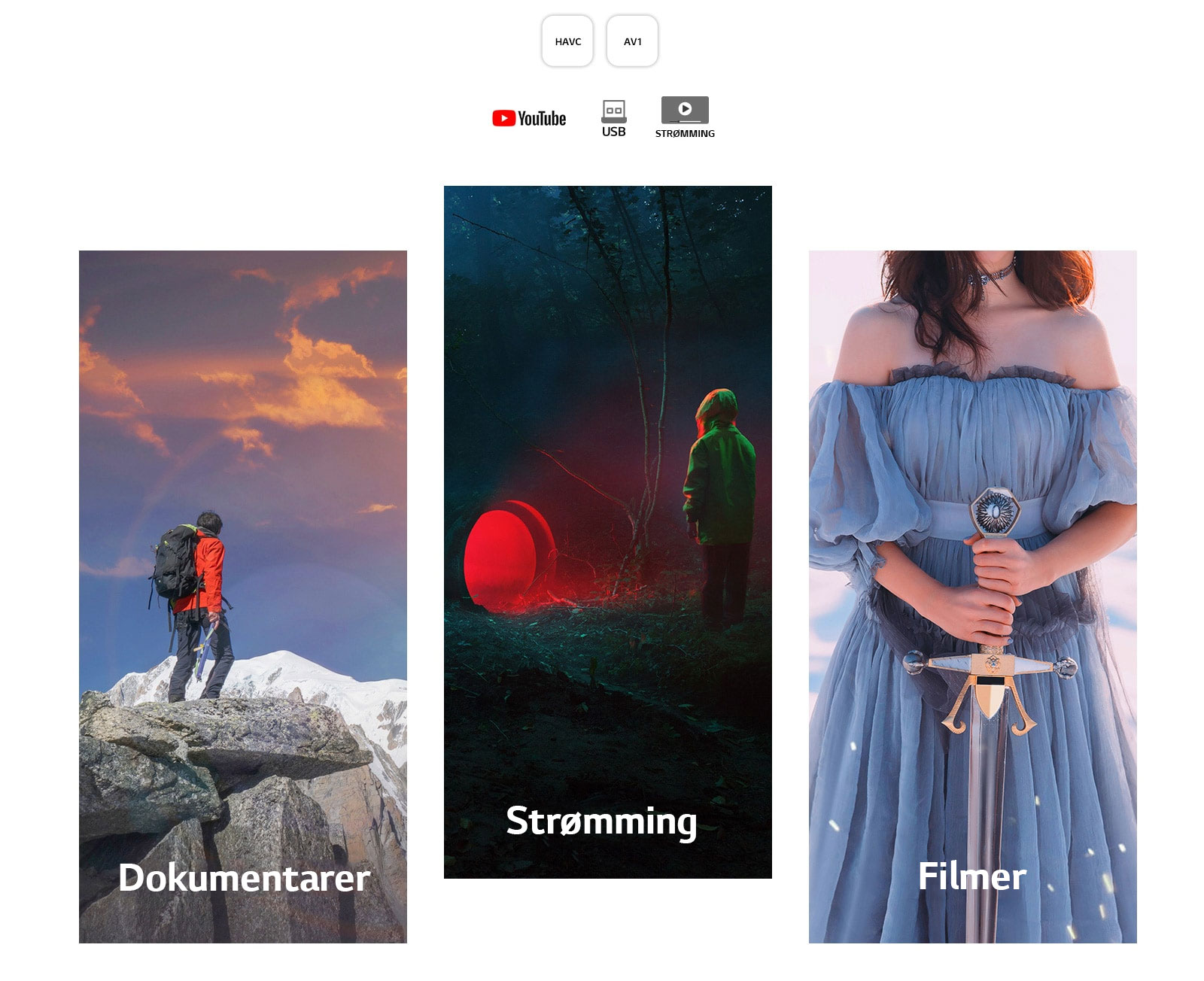 Fra venstre til høyre et bilde av en mann i turutstyr som står på et steinete fjell, en mørk scene med en gutt som står foran en tunnel som avgir rødt lys og en kvinne i en blå kjole som holder et sverd mot en hvit bakgrunn.