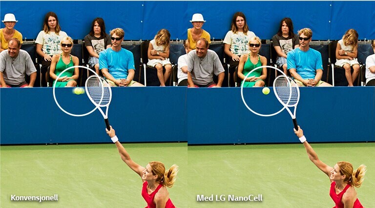 En dame som spiller tennis. Scenen er gjentagende, det venstre vises på en konvensjonell TV med uskarpe bevegelser, det høyre vises på LG NanoCell TV med skarpe og klare bilder.