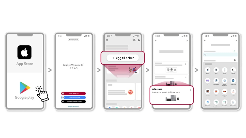 Prosessen for å installere LG ThinQ-appen forklares i rekkefølge på seks mobiltelefonskjermer