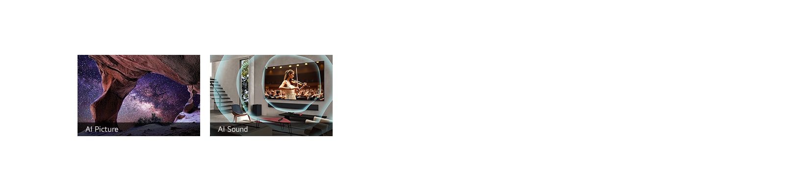 Perspektiv fra en huleinnside, sett ut mot inngangen. Hulen har et uvirkelig utseende med svært detaljerte stein- og krystallformasjoner. Scenen fremhever de imponerende AI-bildeforbedringene til LG TV-er.  LG TV i stuen med lydbølger som stråler ut fra TV-en som viser hvordan AI-lyd optimaliserer din totale lyd.