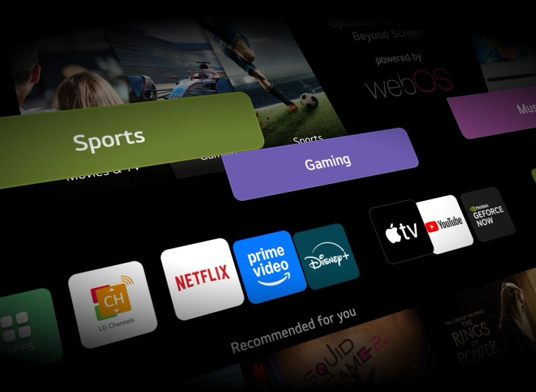 LG Smart-TV-grensesnitt med animerte kategoribokser som sømløst glir over i webOS-startskjermen, og viser personlig innholdstilgang gjennom en samlet smart hub.