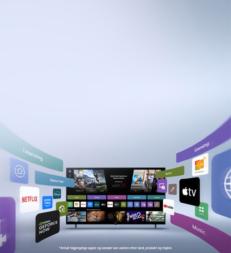 LG Smart-TV som viser webOS-startskjermen med underholdningsapper og LG Channels brukergrensesnitt, hvor elementene dynamisk utvider seg utover og fremhever globale apper og kanaler.