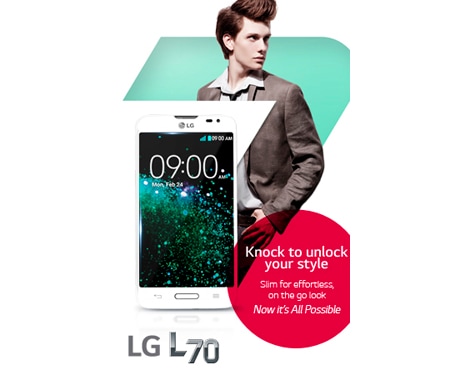 LG L70 er laget for de som vil ha en slank og smidig mobil med både stil og finesse. Med en slank design og elegante metalldetaljer, vil du ha glede av en mobil som føles som en drøm å holde i. Gjør deg klar, bank på og få det beste ut av hvert øyeblikk hver dag, med stil., LG L70 D320