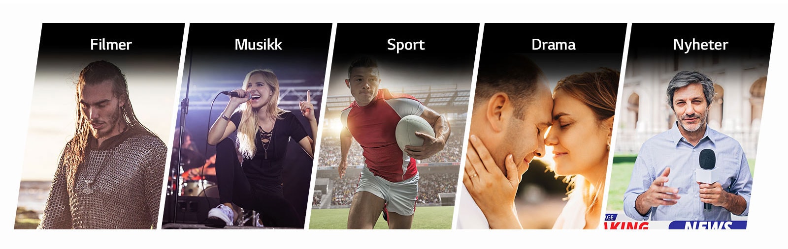 Fem bilder fra venstre til høyre av en mann i ringbrynje, en dame som synger i en mikrofon, en rugbyspiller, et par med hodene presset sammen og en mann som gir nyheter.