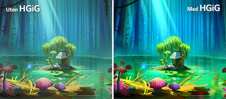 Et animert bilde, et lite hus og et tre på en liten plass midt i en dam omkranset av høye og nakne trær, med teksten «Med HGIG» øverst til høyre, vises med bedre lys og bildekvalitet sammenlignet med bildet uten HGIG.