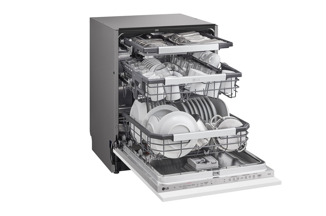 LG QuadWash™ Steam-oppvaskmaskin (for innebygd), Energiklasse A, Auto Open Dry-funksjon og Smart Diagnosis™ med Wi-Fi, left Side Open with dishes, DB475TXS, thumbnail 7