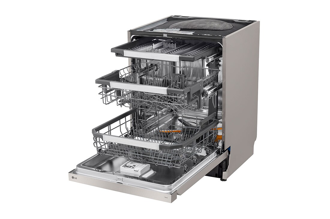 LG 14 kuverter QuadWash™ integrert oppvaskmaskin Energiklasse A-10 %, Visning forfra, åpen med oppvask, DU386FV, thumbnail 7