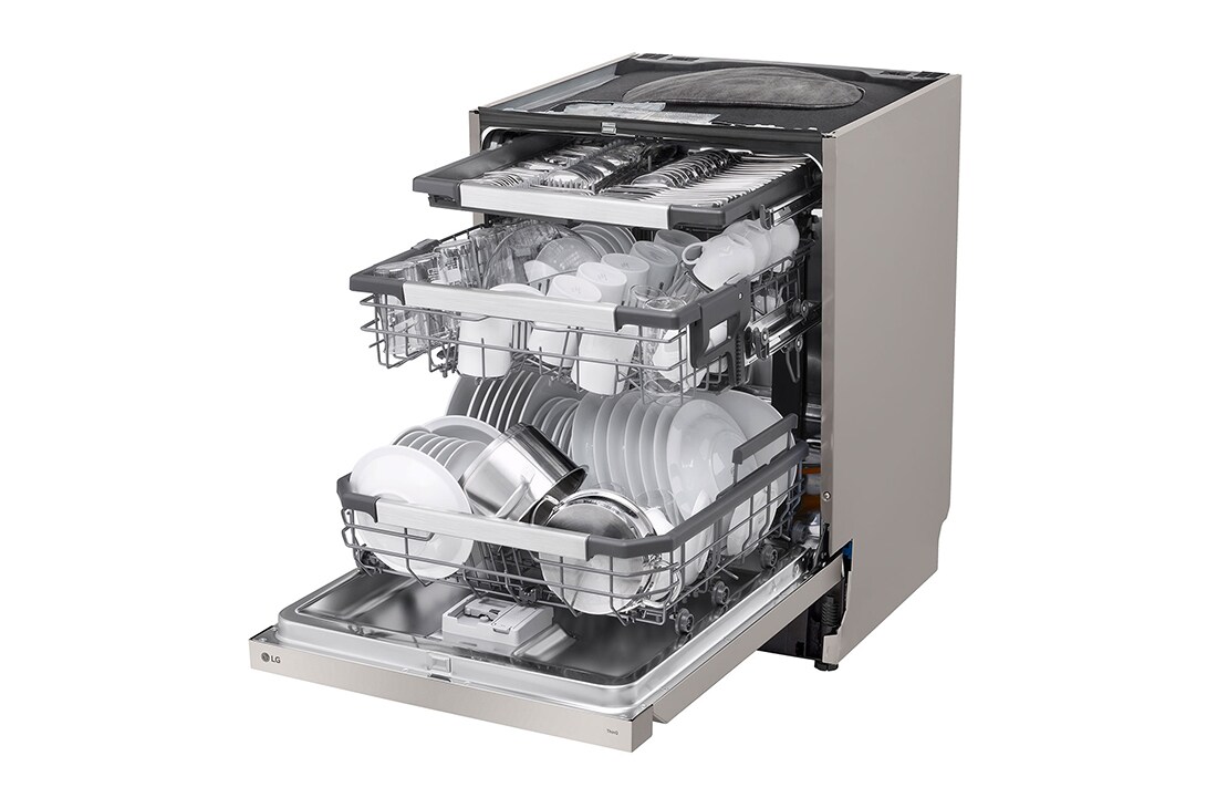 LG 14 kuverter QuadWash™ integrert oppvaskmaskin Energiklasse A-10 %, Visnning fra venstre side med oppvask, DU386FV, thumbnail 8